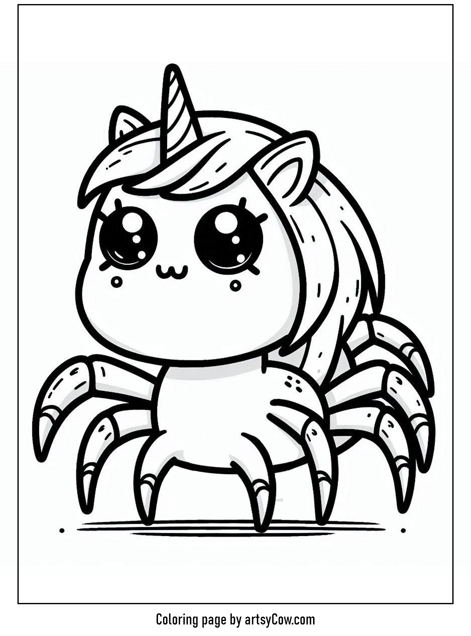 Halloween coloring pages with unicorn 2 featuring a cute unicorn with spider legs, perfect for Halloween fun.